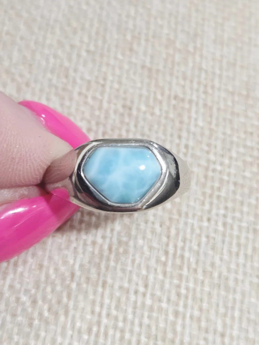 Silver Larimar Hexagon Signet Ring - Blue Stone~ Size 9